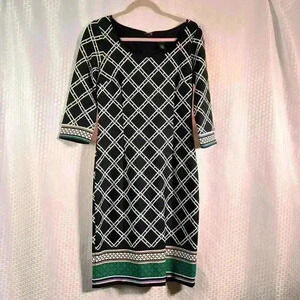 White House Black Market Dress WHBM black white green geometric striped size 6